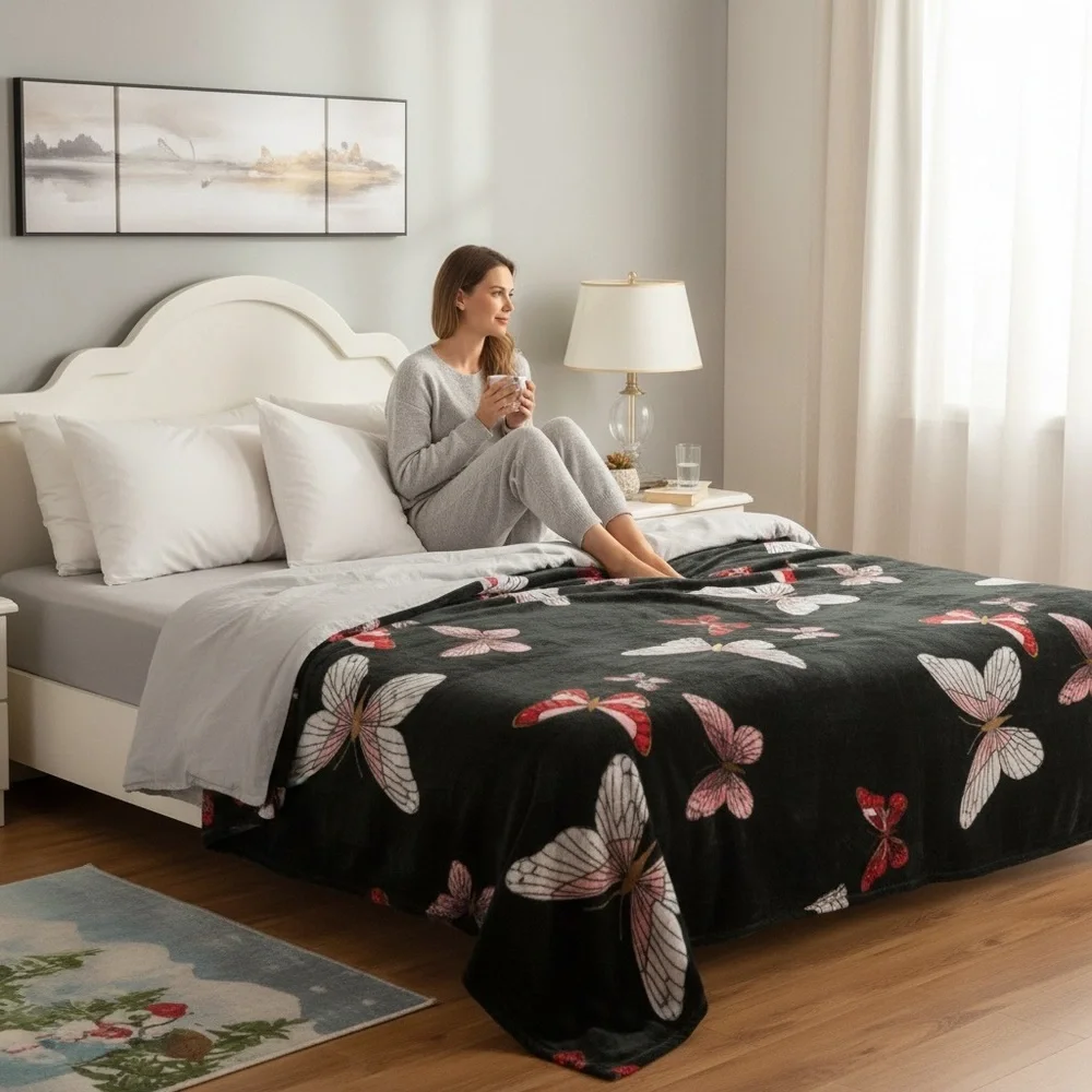 NWT Mariposa Black and Pink Butterfly Throw Queen Size, Flannel, super soft